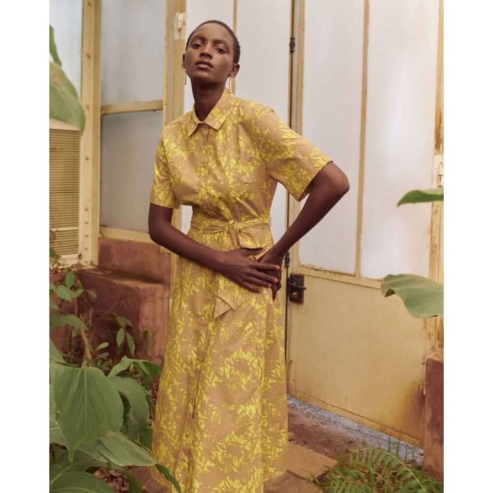 Poetry 12 The Shea Fit And Flare Midi Dress Yellow Tan Shirt Dress 100% Cotton